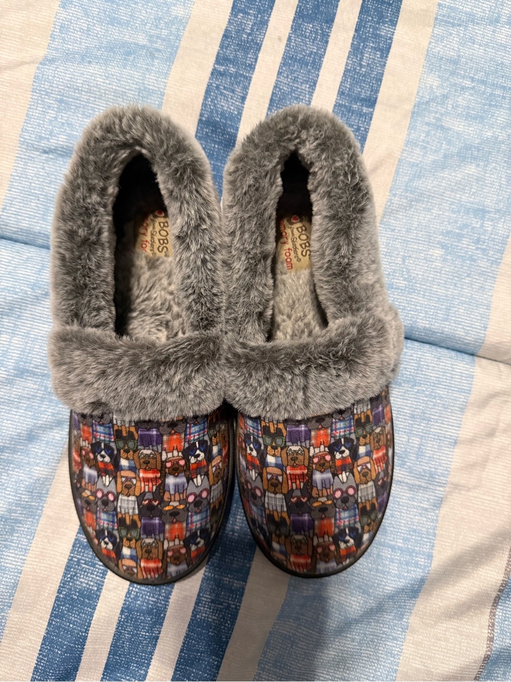 Skechers Women’s Grey Faux-Fur Lined Printed Slip-Ons